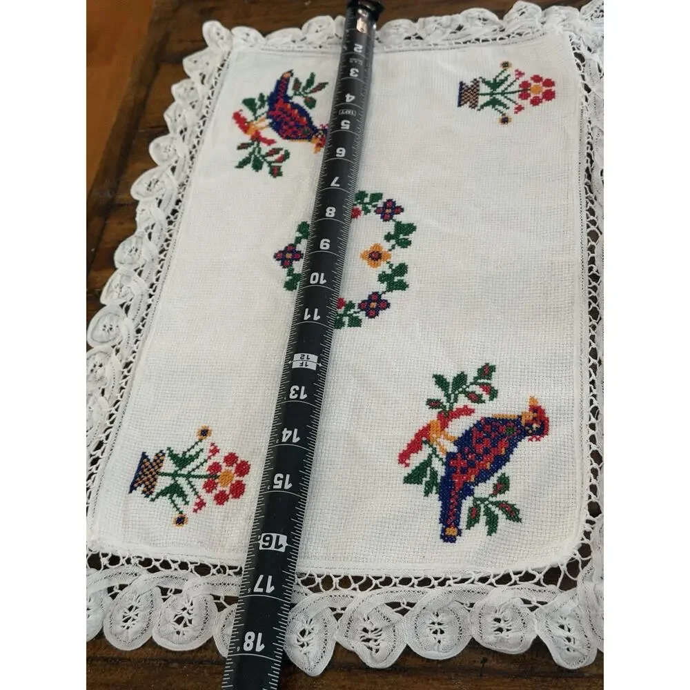 Vintage MCM Handmade CROSS STITCH Placemats Set Of 6 Folk Art Birds 3760/21
